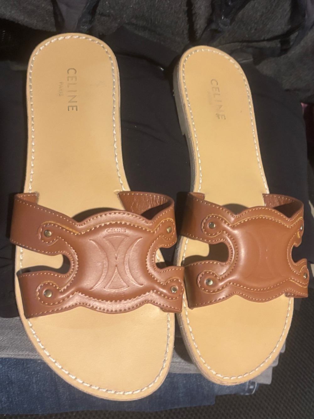 Celine Tan and Brown Calfskin Leather Slide Sandals - Picture 1 of 7